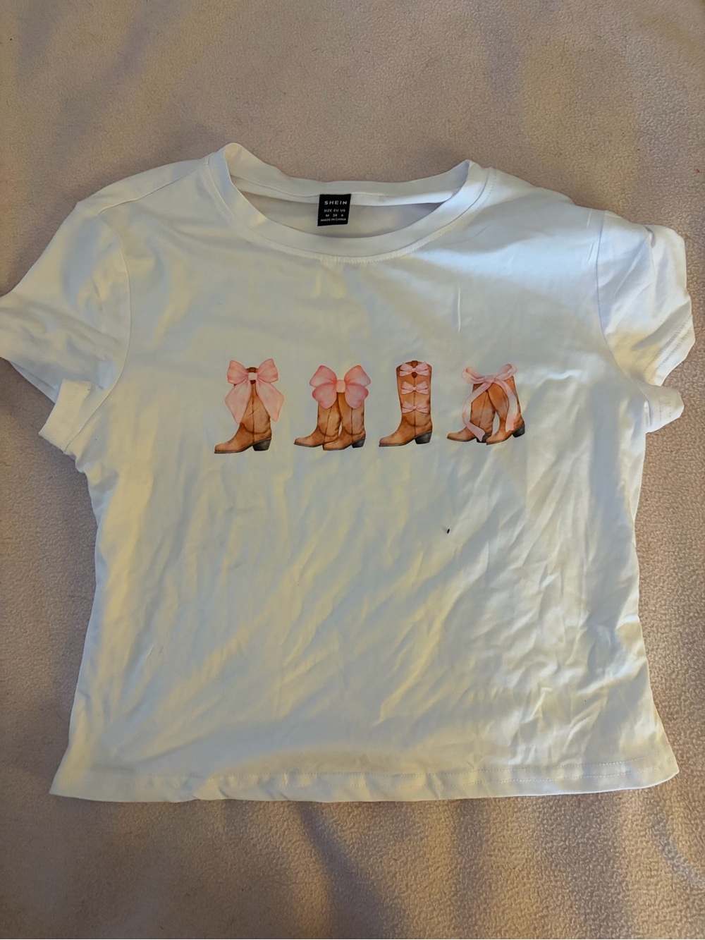 SHEIN White Tee with Pink Bow Cowboy Boot Row Graphic